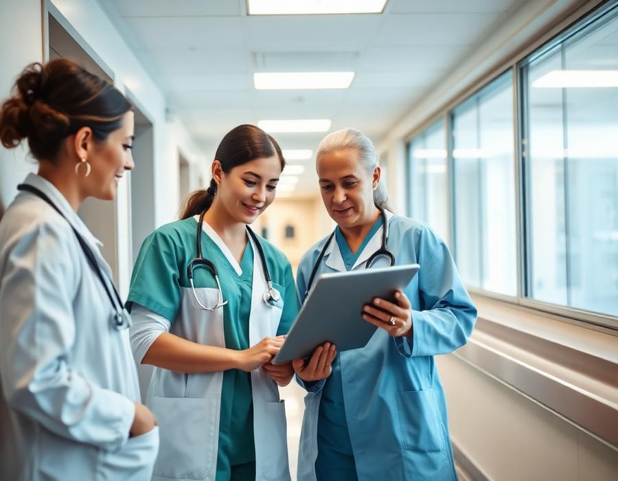 Healthcare professionals reviewing patient information on a tablet