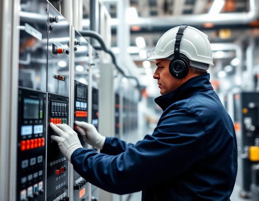 Industrial maintenance technician working on an automation control panel